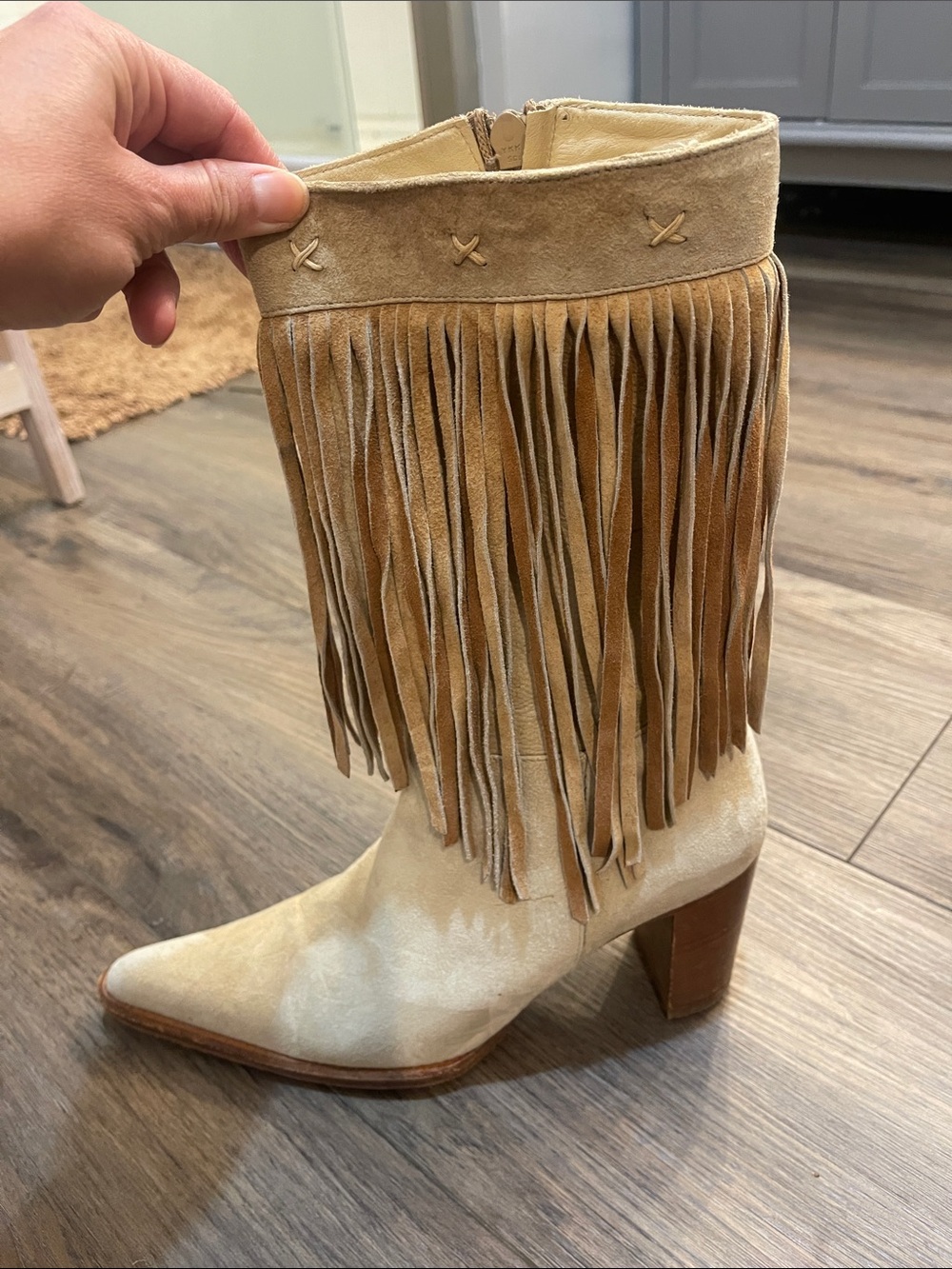 Carlos Falchi Tan Suede Fringe Mid-Calf Heeled Boot